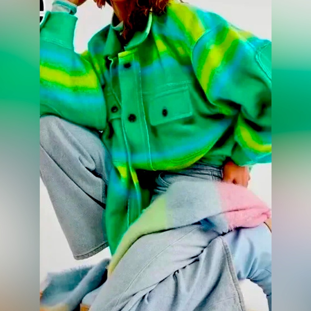 Free People Ruby West Coast Jacket Ombre Stripe Brushed Thermal Lime Green.